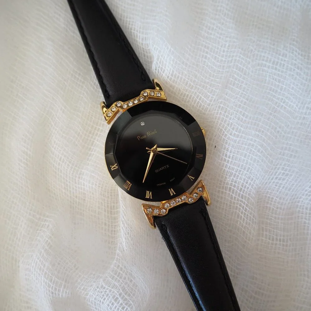 Pierre Nicol gold crystal lug faceted black leather watch - Picture 3 of 14